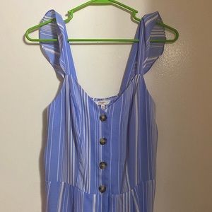 blue and white striped button up jump suit